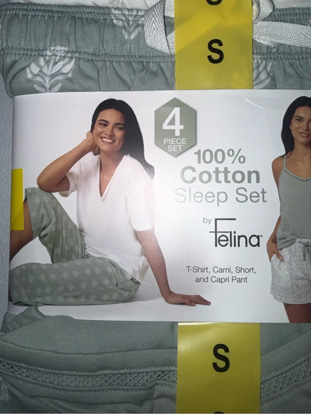 Felina 4 Piece Cotton Pajama Sleep Set Size Small Sage Green White NWT
